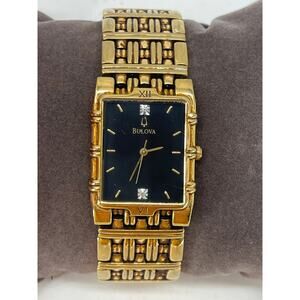 Mens BULOVA Diamond Black Dial 97F16 Quartz Gold Finish Case C960596